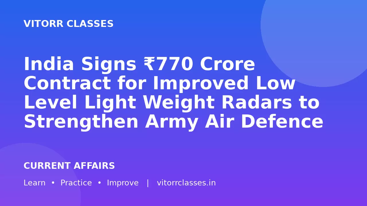 India Signs ₹770 Crore Contract for Improved Low Level Light Weight Radars to Strengthen Army Air Defence | भारतीय सेना की वायु रक्षा के लिए ₹770 करोड़ के उन्नत निम्न-ऊंचाई हल्के रडार खरीद समझौते पर हस्ताक्षर