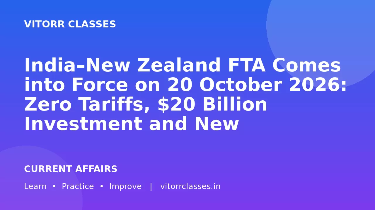 India–New Zealand FTA Comes into Force on 20 October 2026: Zero Tariffs, $20 Billion Investment and New Opportunities | भारत–न्यूज़ीलैंड मुक्त व्यापार समझौता 20 अक्टूबर 2026 से प्रभावी: शून्य सीमा शुल्क, 20 अरब डॉलर निवेश और नए अवसर