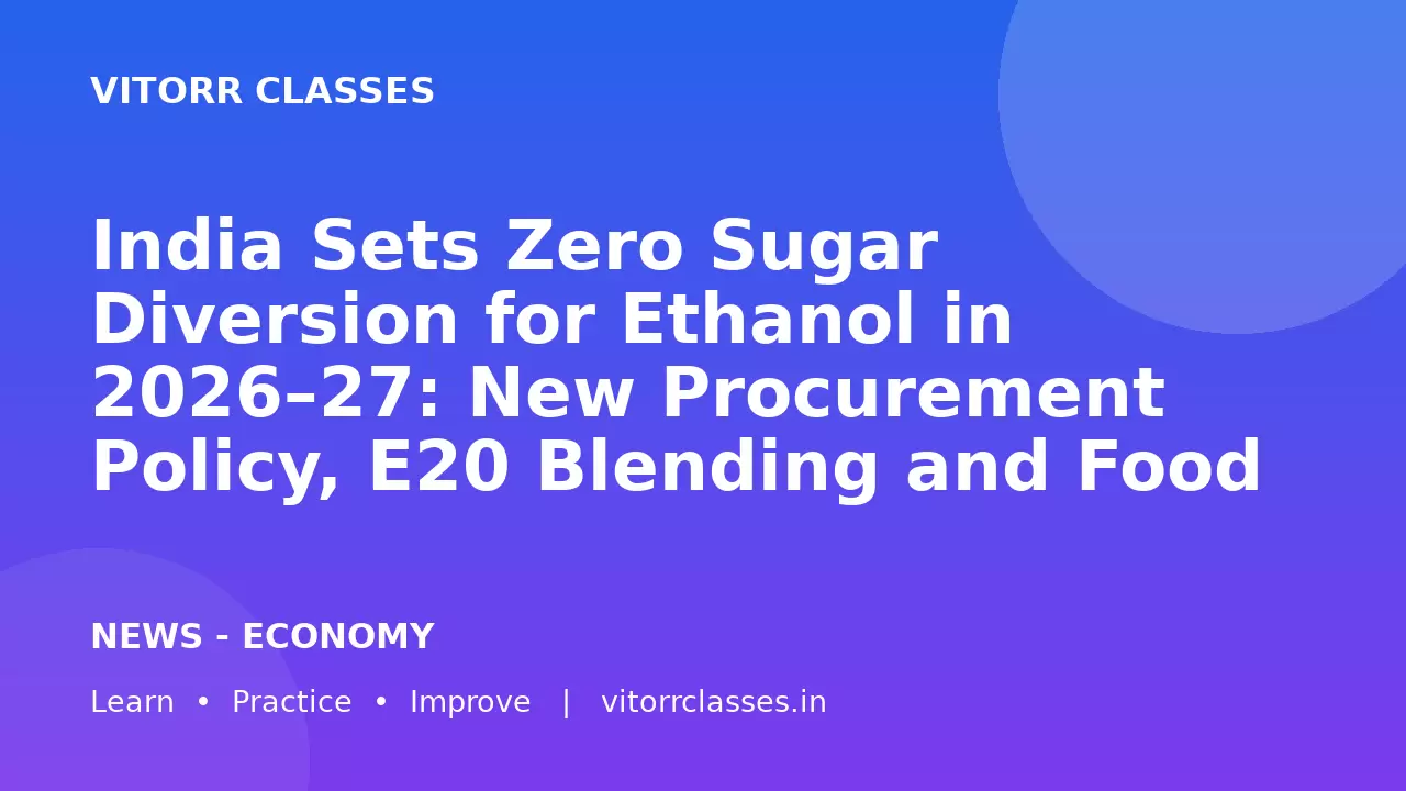 India Sets Zero Sugar Diversion for Ethanol in 2026–27: New Procurement Policy, E20 Blending and Food Security | भारत की नई इथेनॉल नीति 2026–27