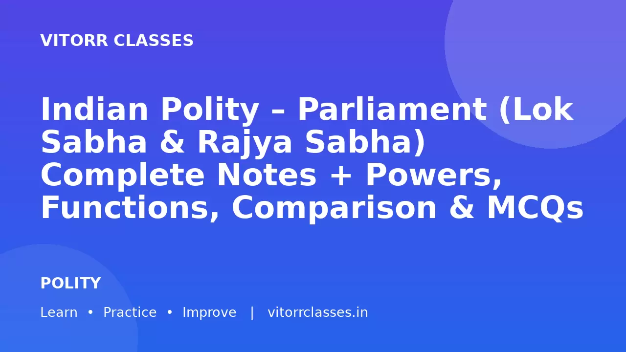 Indian Polity – Parliament (Lok Sabha & Rajya Sabha) Complete Notes + Powers, Functions, Comparison & MCQs (SSC, Railway, UPSC 2026)