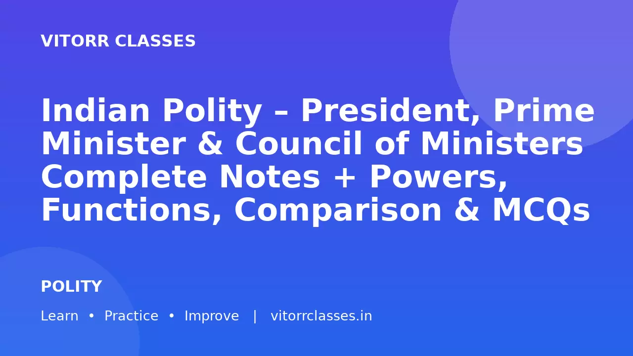 Indian Polity – President, Prime Minister & Council of Ministers Complete Notes + Powers, Functions, Comparison & MCQs (SSC, Railway, UPSC 2026)