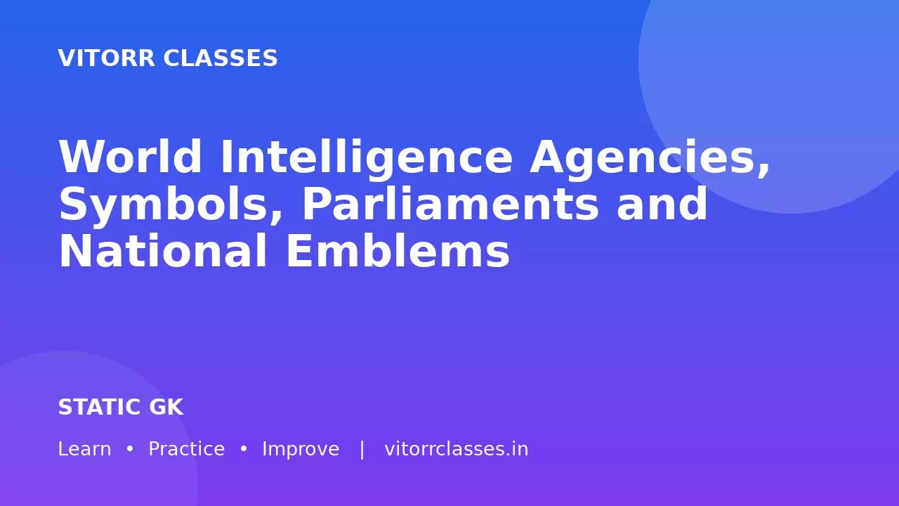World Intelligence Agencies, Symbols, Parliaments and National Emblems | विश्व की खुफिया एजेंसियाँ प्रतीक संसद एवं राष्ट्रीय चिन्ह